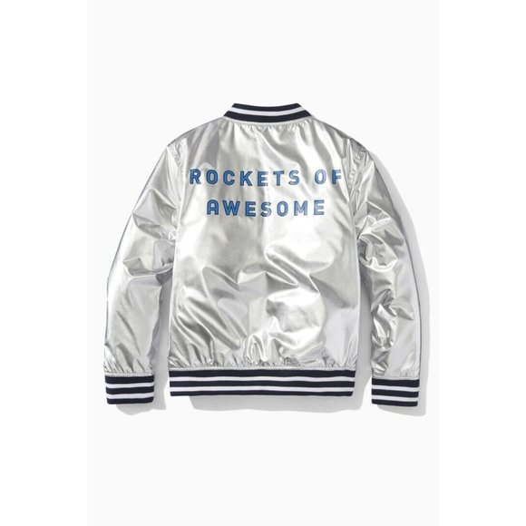 🚀 Rockets Of Awesome Metallic Silver Bomber Jacket Navy Blue White Stripes (L) - Picture 1 of 7